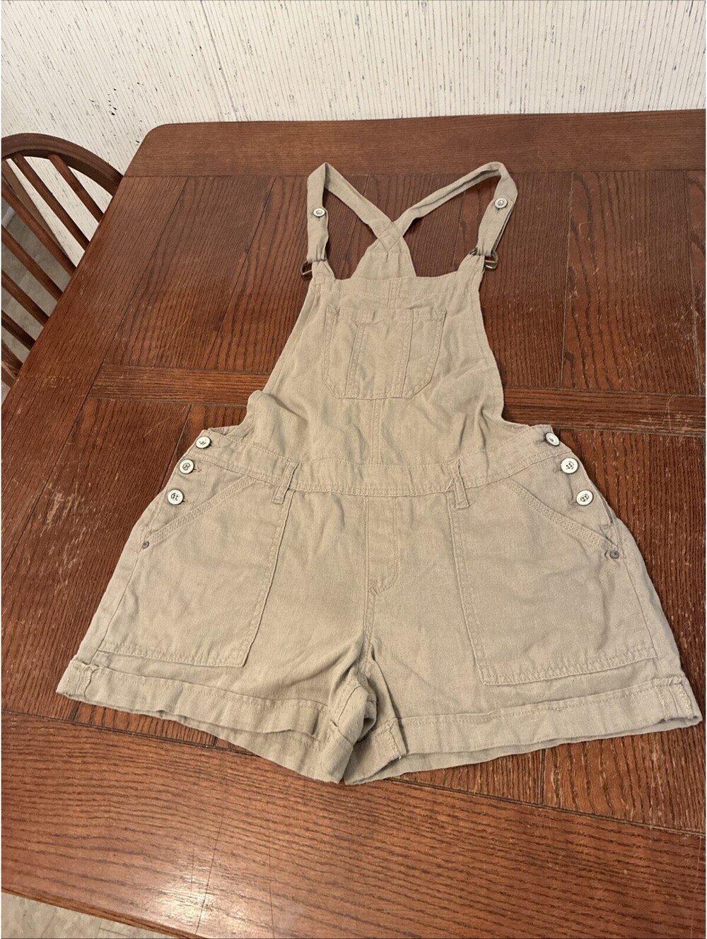 WallFlower Short Overalls Women’s L Relaxed Linen Blend Buttons Straps Pockets
